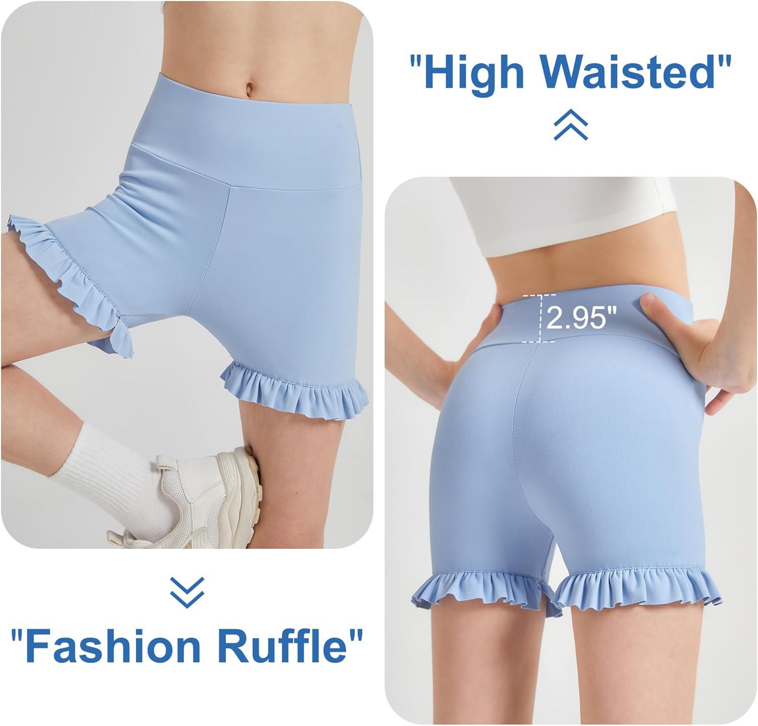 imageDIPUG Girls Athletic Shorts Ruffle High Waisted Dance Gymnastics Yoga Shorts for KidsAge 413YBlue