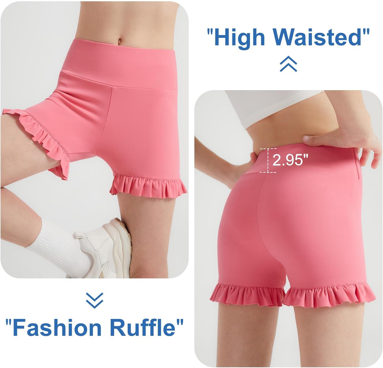 imageDIPUG Girls Athletic Shorts Ruffle High Waisted Dance Gymnastics Yoga Shorts for KidsAge 413YCoral Red