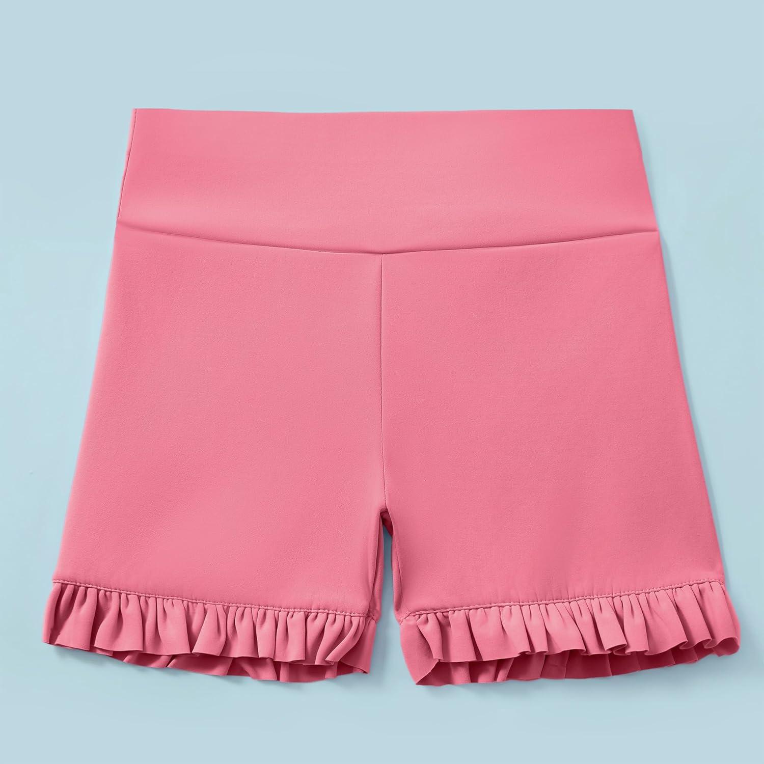 imageDIPUG Girls Athletic Shorts Ruffle High Waisted Dance Gymnastics Yoga Shorts for KidsAge 413YCoral Red