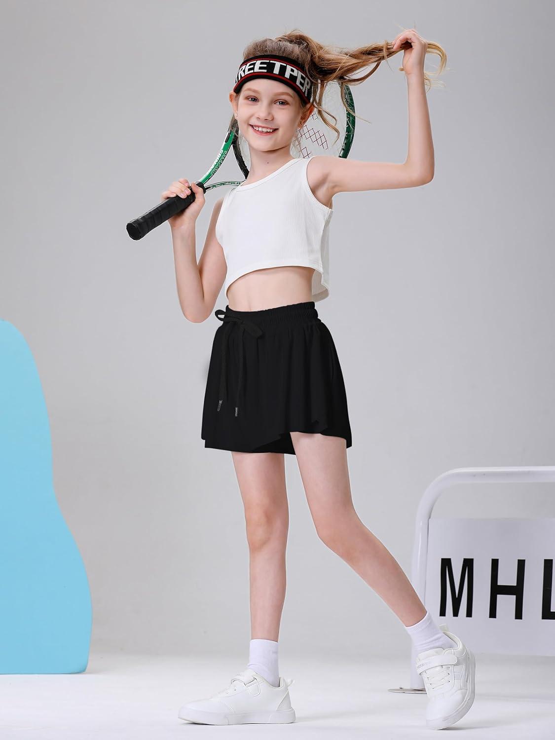 imageDIPUG Girls Butterfly Shorts with Pocket 2in1 Flowy Spandex Athletic Skorts for Running Dance Cheering Sports 516Black