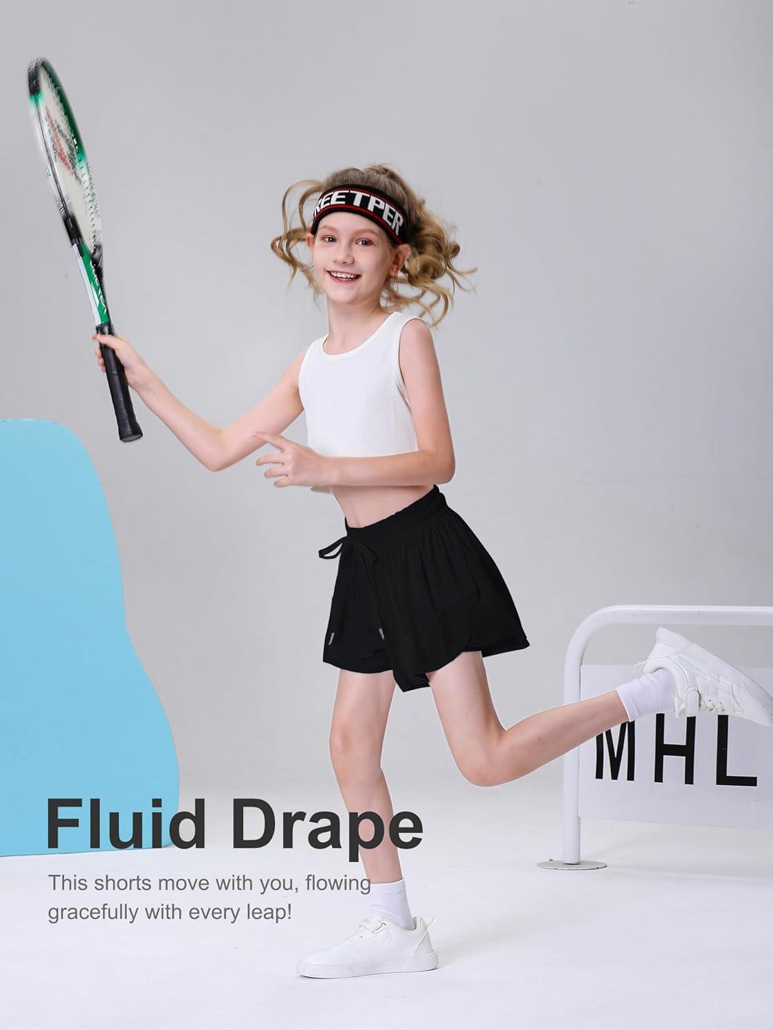 imageDIPUG Girls Butterfly Shorts with Pocket 2in1 Flowy Spandex Athletic Skorts for Running Dance Cheering Sports 516Black