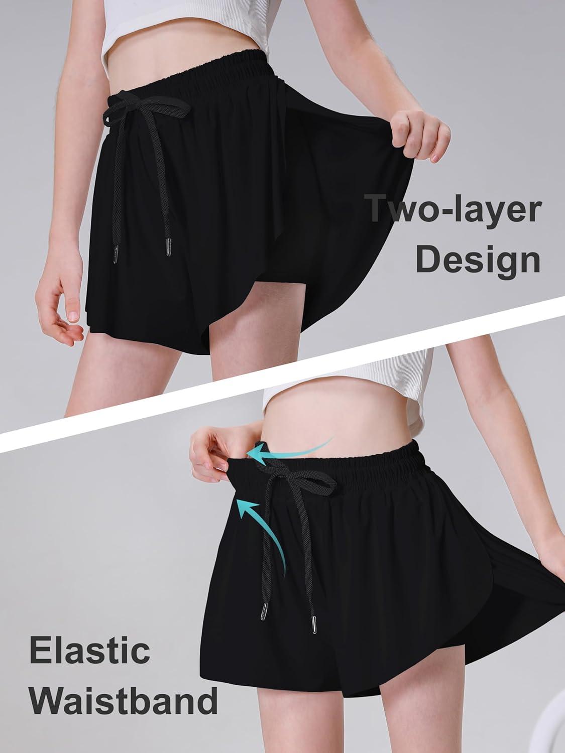 imageDIPUG Girls Butterfly Shorts with Pocket 2in1 Flowy Spandex Athletic Skorts for Running Dance Cheering Sports 516Black