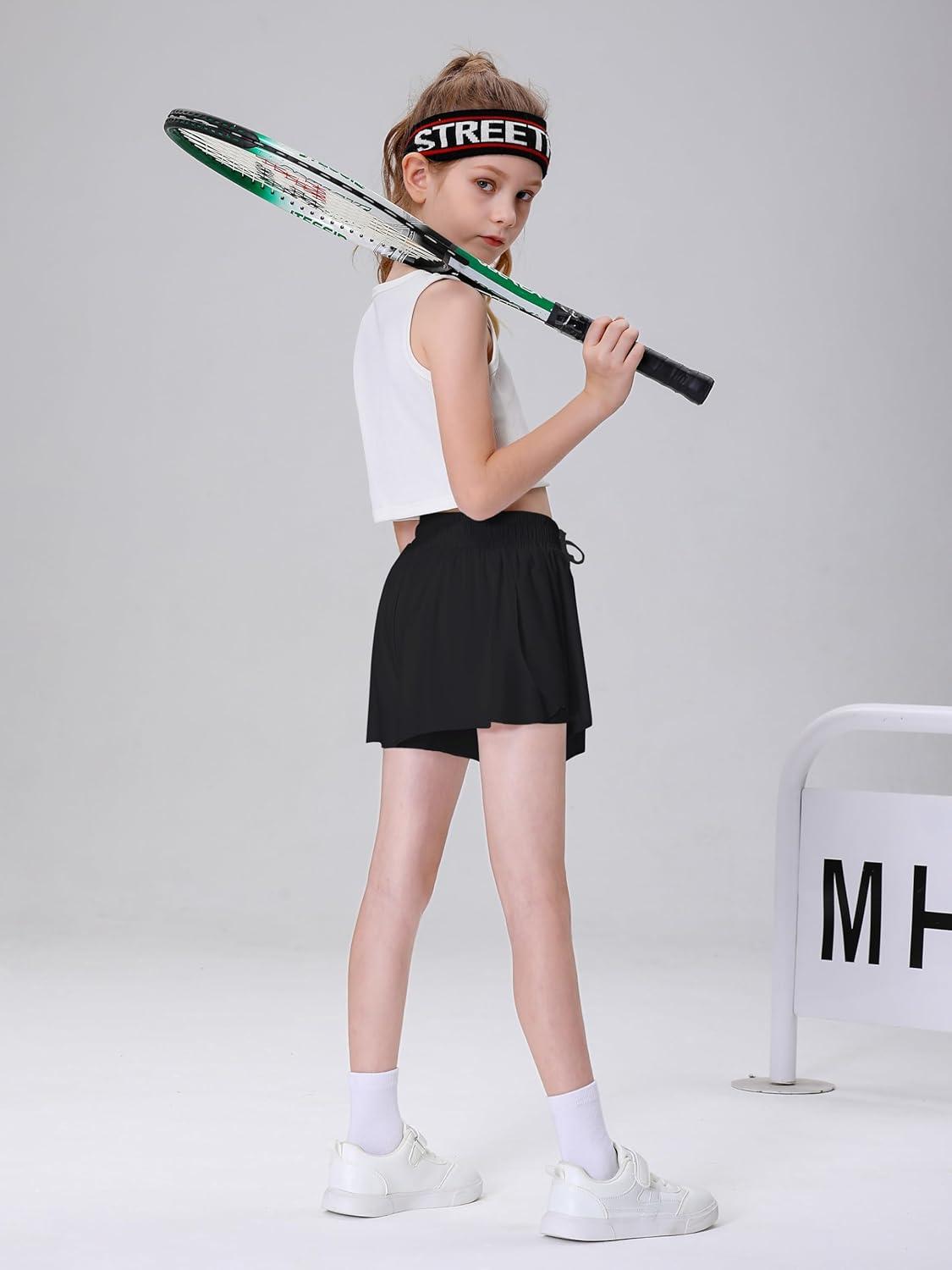 imageDIPUG Girls Butterfly Shorts with Pocket 2in1 Flowy Spandex Athletic Skorts for Running Dance Cheering Sports 516Black