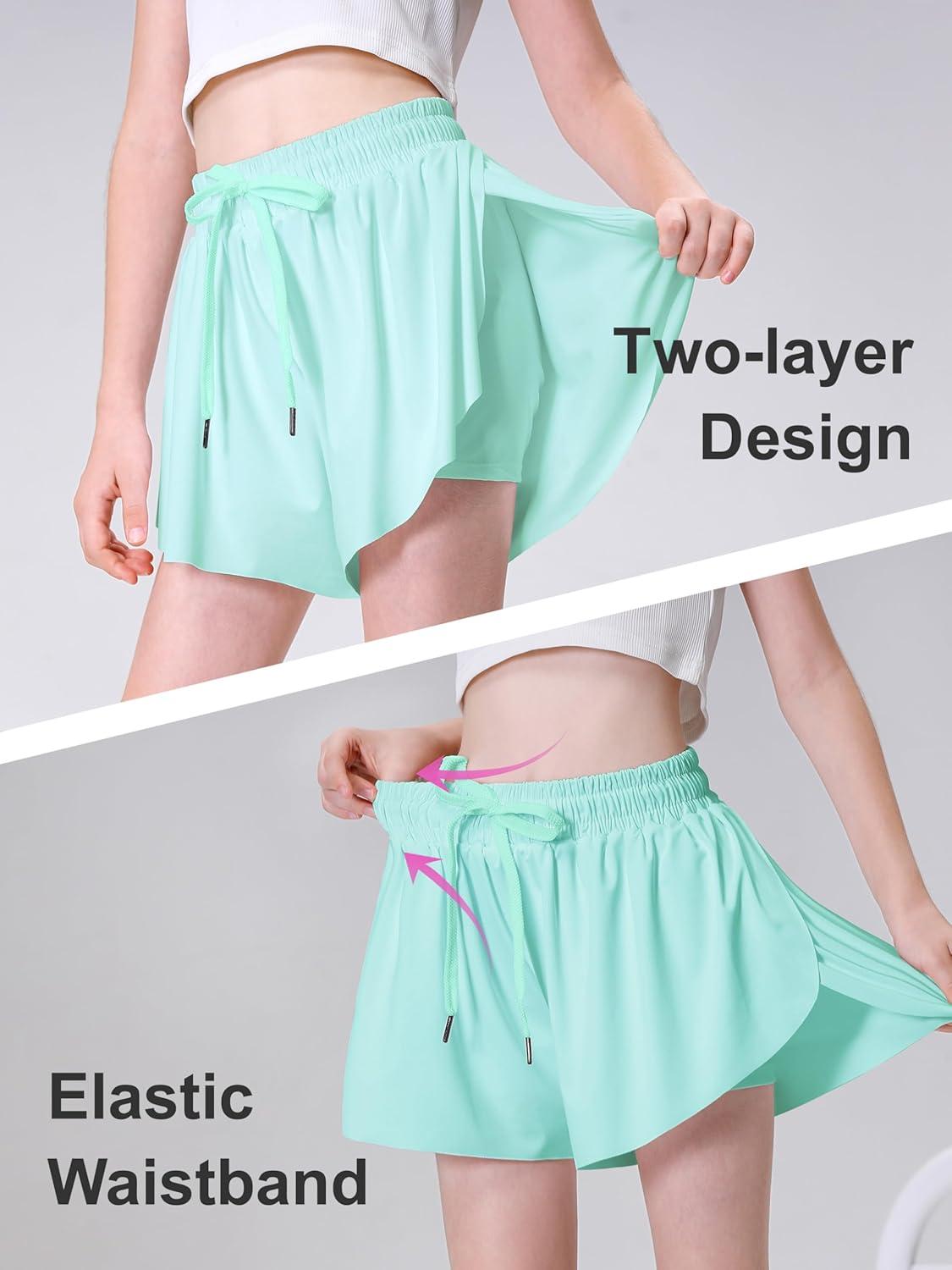 imageDIPUG Girls Butterfly Shorts with Pocket 2in1 Flowy Spandex Athletic Skorts for Running Dance Cheering Sports 516Green