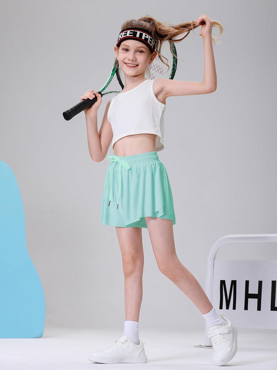 imageDIPUG Girls Butterfly Shorts with Pocket 2in1 Flowy Spandex Athletic Skorts for Running Dance Cheering Sports 516Green