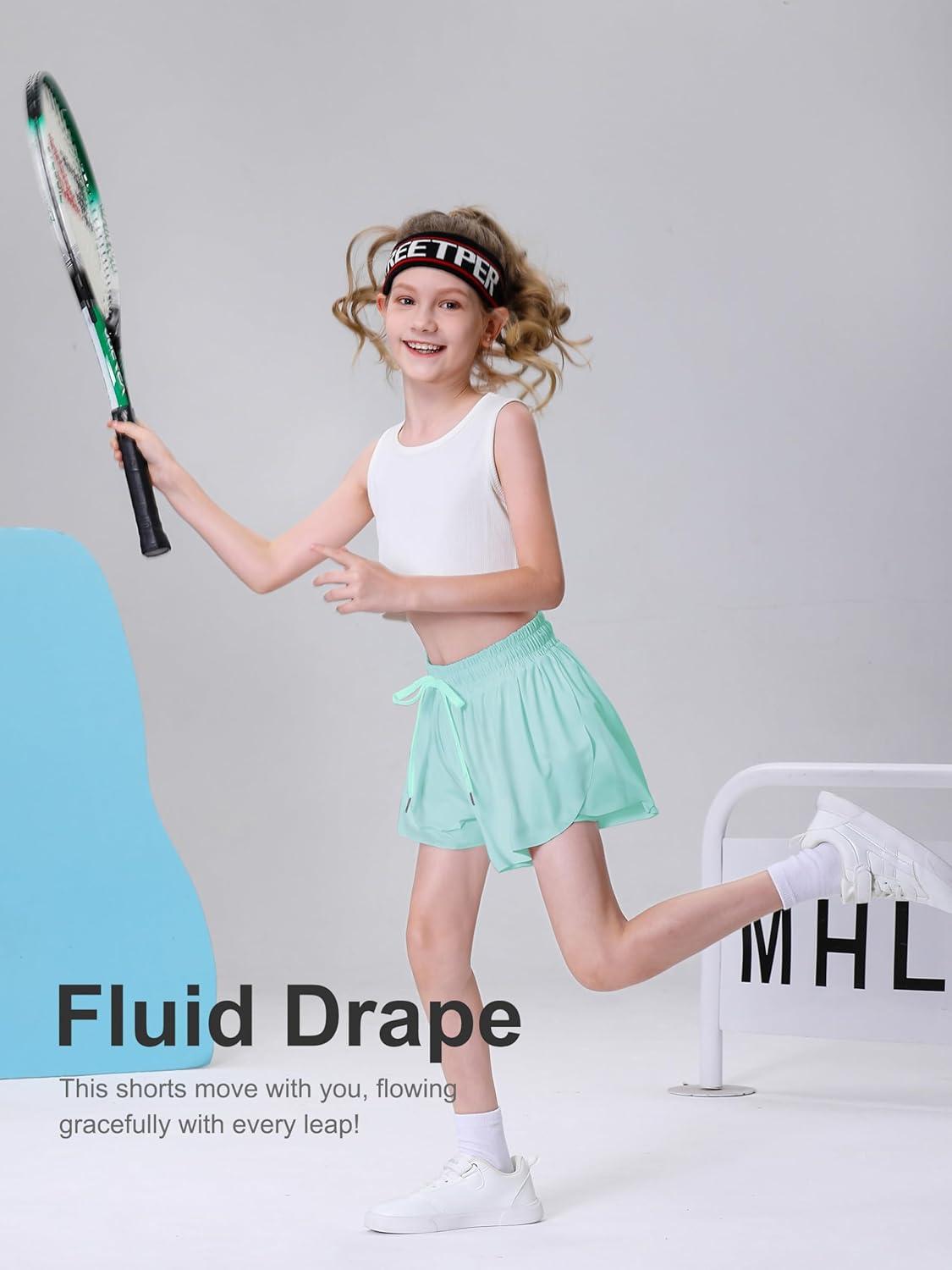 imageDIPUG Girls Butterfly Shorts with Pocket 2in1 Flowy Spandex Athletic Skorts for Running Dance Cheering Sports 516Green