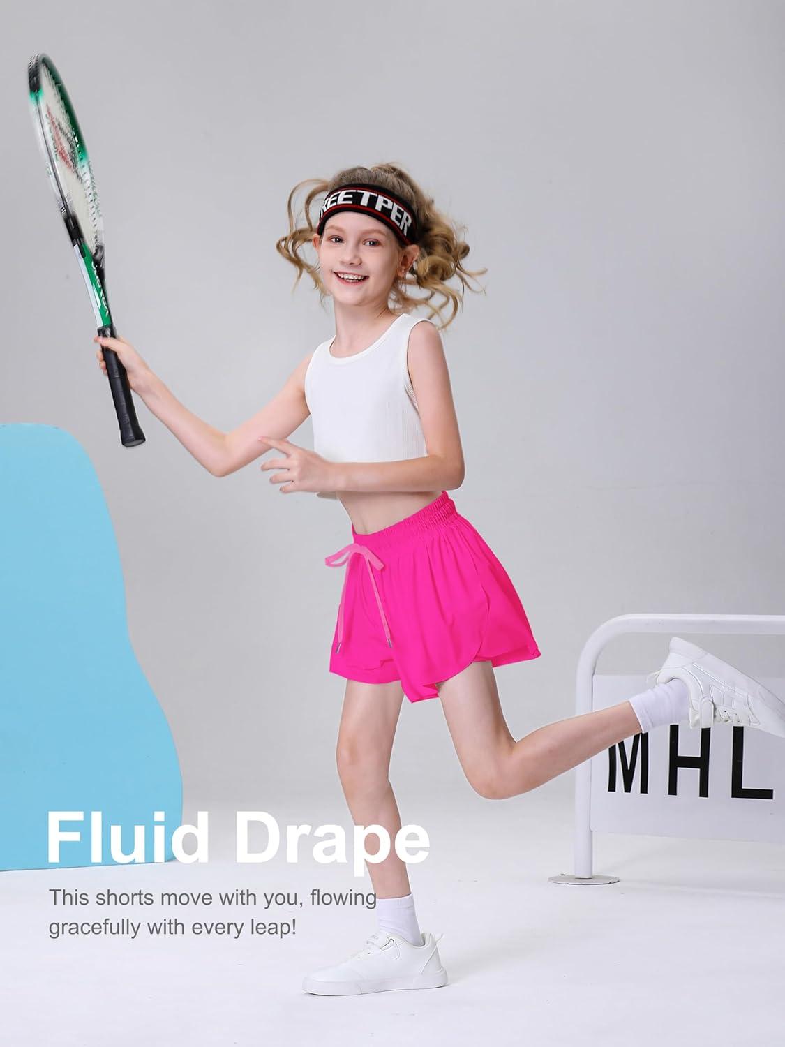 imageDIPUG Girls Butterfly Shorts with Pocket 2in1 Flowy Spandex Athletic Skorts for Running Dance Cheering Sports 516Hot Pink