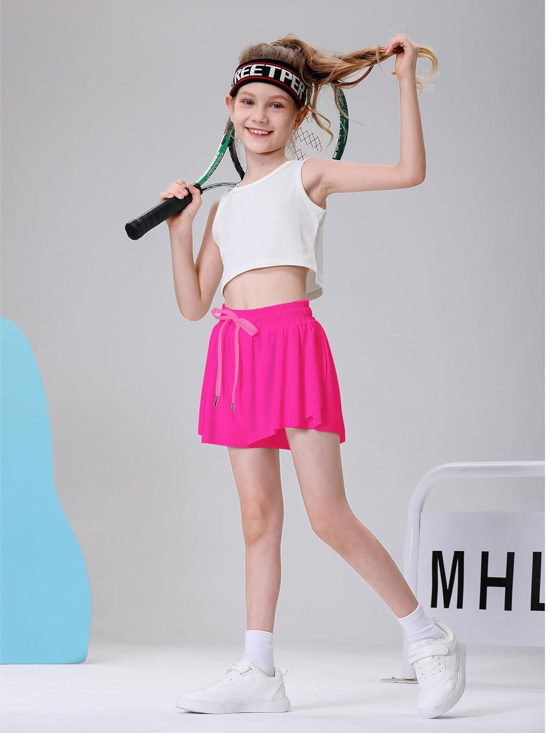 imageDIPUG Girls Butterfly Shorts with Pocket 2in1 Flowy Spandex Athletic Skorts for Running Dance Cheering Sports 516Hot Pink
