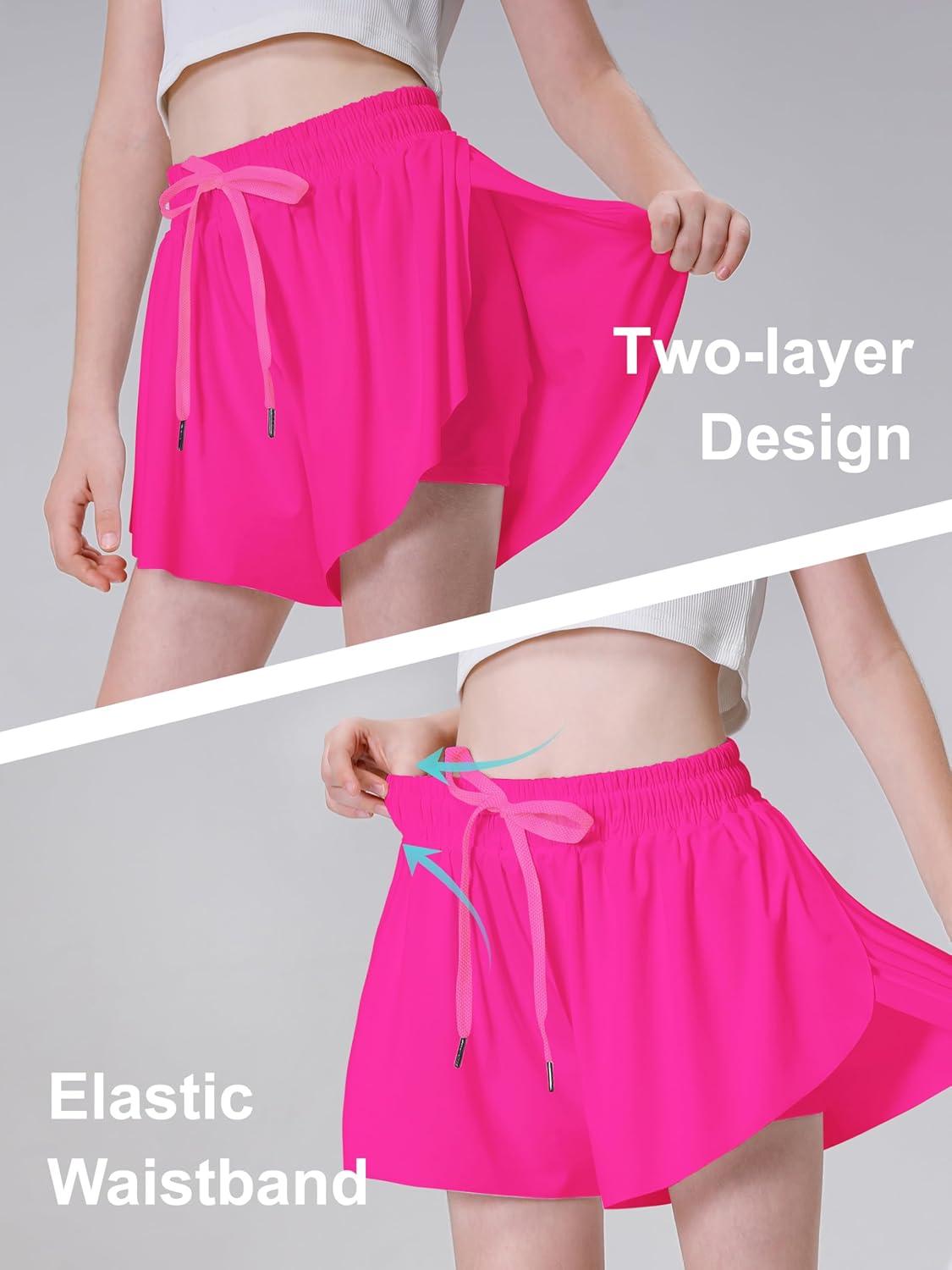 imageDIPUG Girls Butterfly Shorts with Pocket 2in1 Flowy Spandex Athletic Skorts for Running Dance Cheering Sports 516Hot Pink