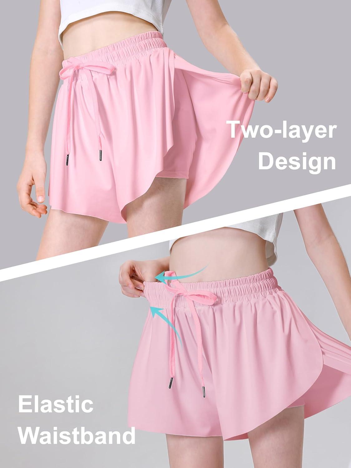 imageDIPUG Girls Butterfly Shorts with Pocket 2in1 Flowy Spandex Athletic Skorts for Running Dance Cheering Sports 516Pink