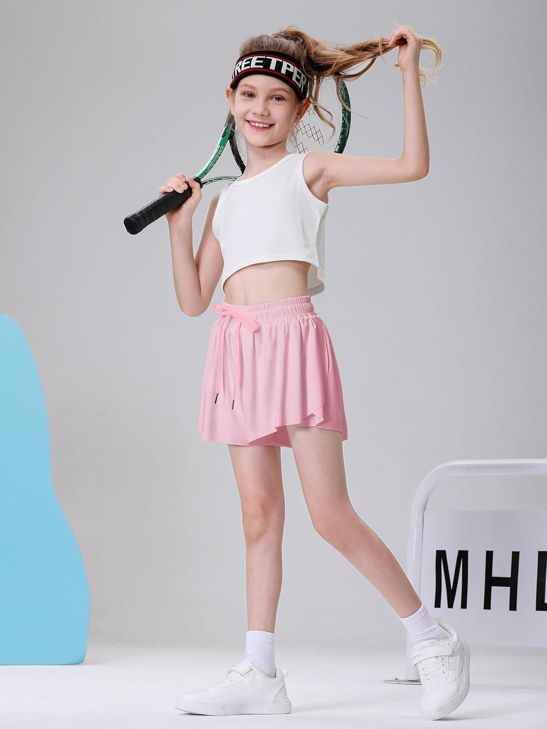 imageDIPUG Girls Butterfly Shorts with Pocket 2in1 Flowy Spandex Athletic Skorts for Running Dance Cheering Sports 516Pink