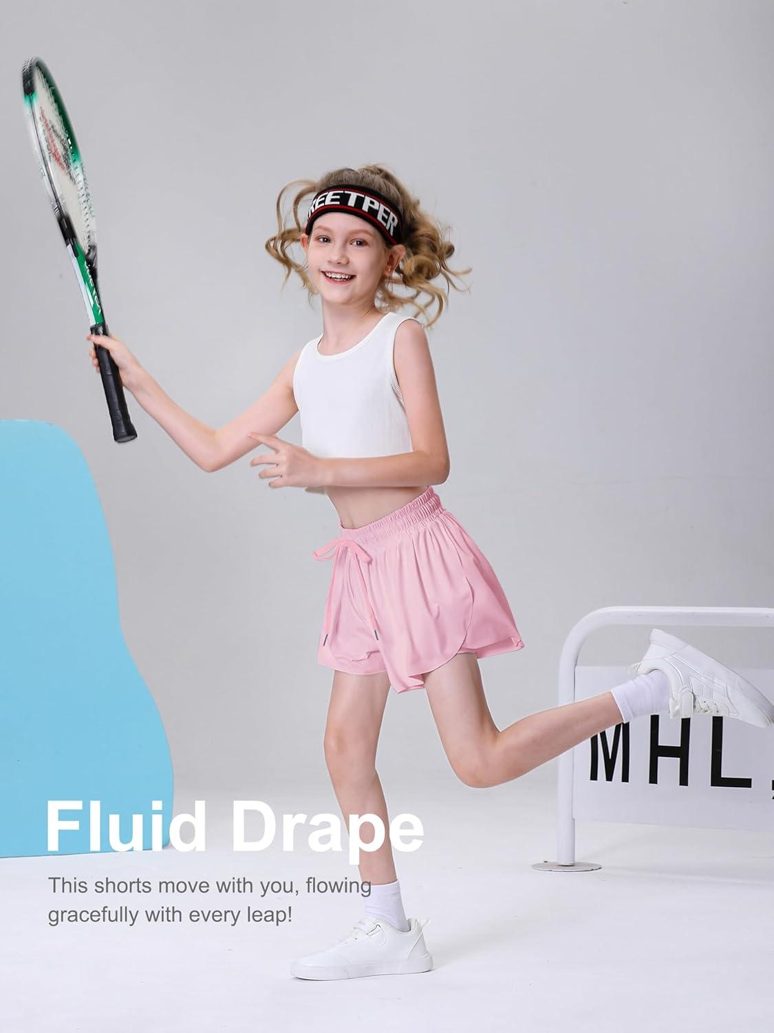 imageDIPUG Girls Butterfly Shorts with Pocket 2in1 Flowy Spandex Athletic Skorts for Running Dance Cheering Sports 516Pink