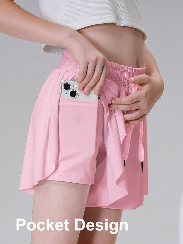 imageDIPUG Girls Butterfly Shorts with Pocket 2in1 Flowy Spandex Athletic Skorts for Running Dance Cheering Sports 516Pink