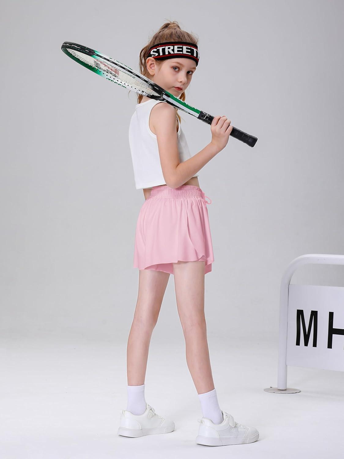 imageDIPUG Girls Butterfly Shorts with Pocket 2in1 Flowy Spandex Athletic Skorts for Running Dance Cheering Sports 516Pink