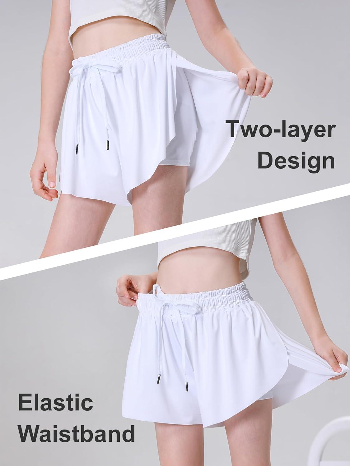 imageDIPUG Girls Butterfly Shorts with Pocket 2in1 Flowy Spandex Athletic Skorts for Running Dance Cheering Sports 516White