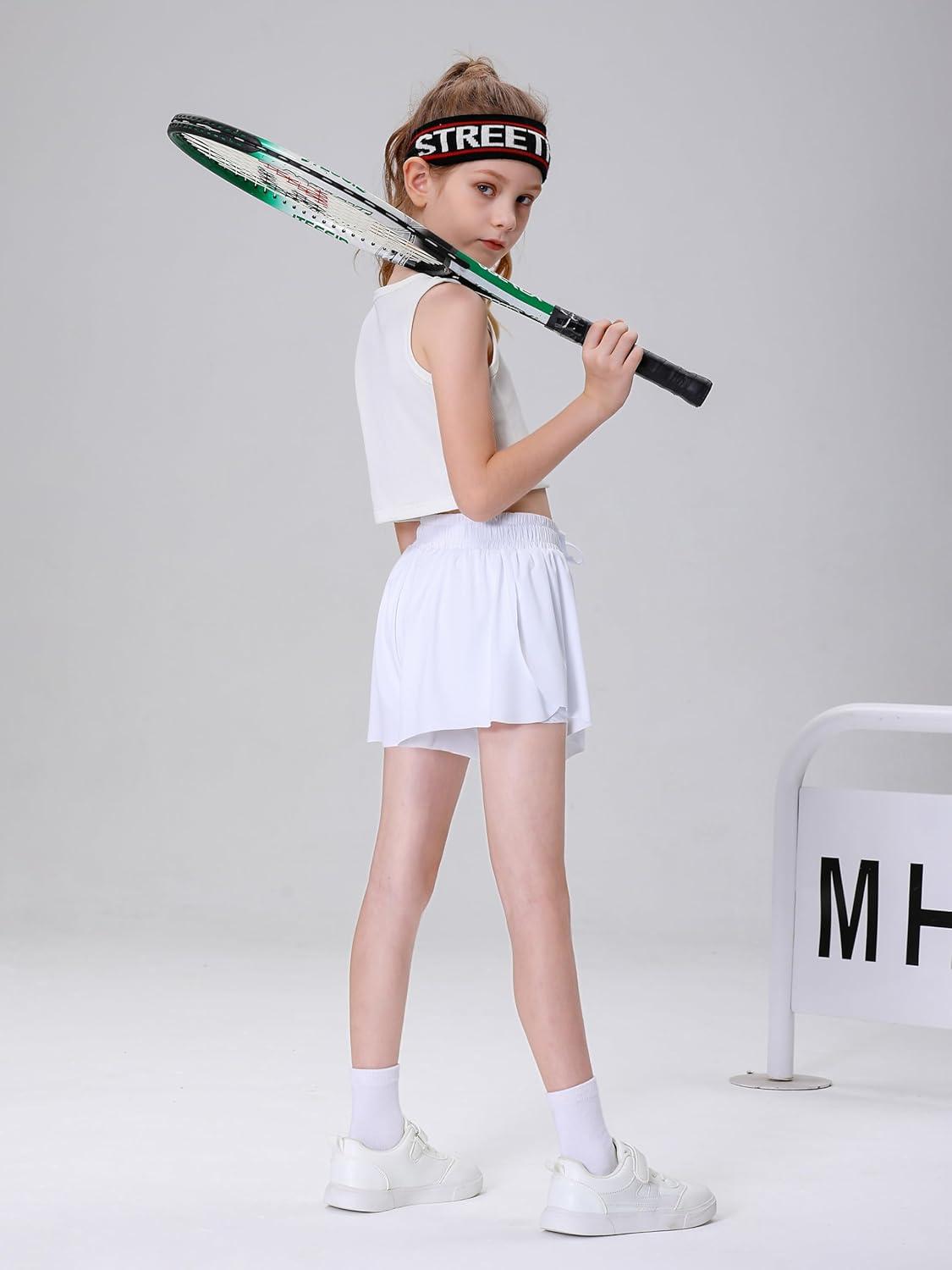 imageDIPUG Girls Butterfly Shorts with Pocket 2in1 Flowy Spandex Athletic Skorts for Running Dance Cheering Sports 516White