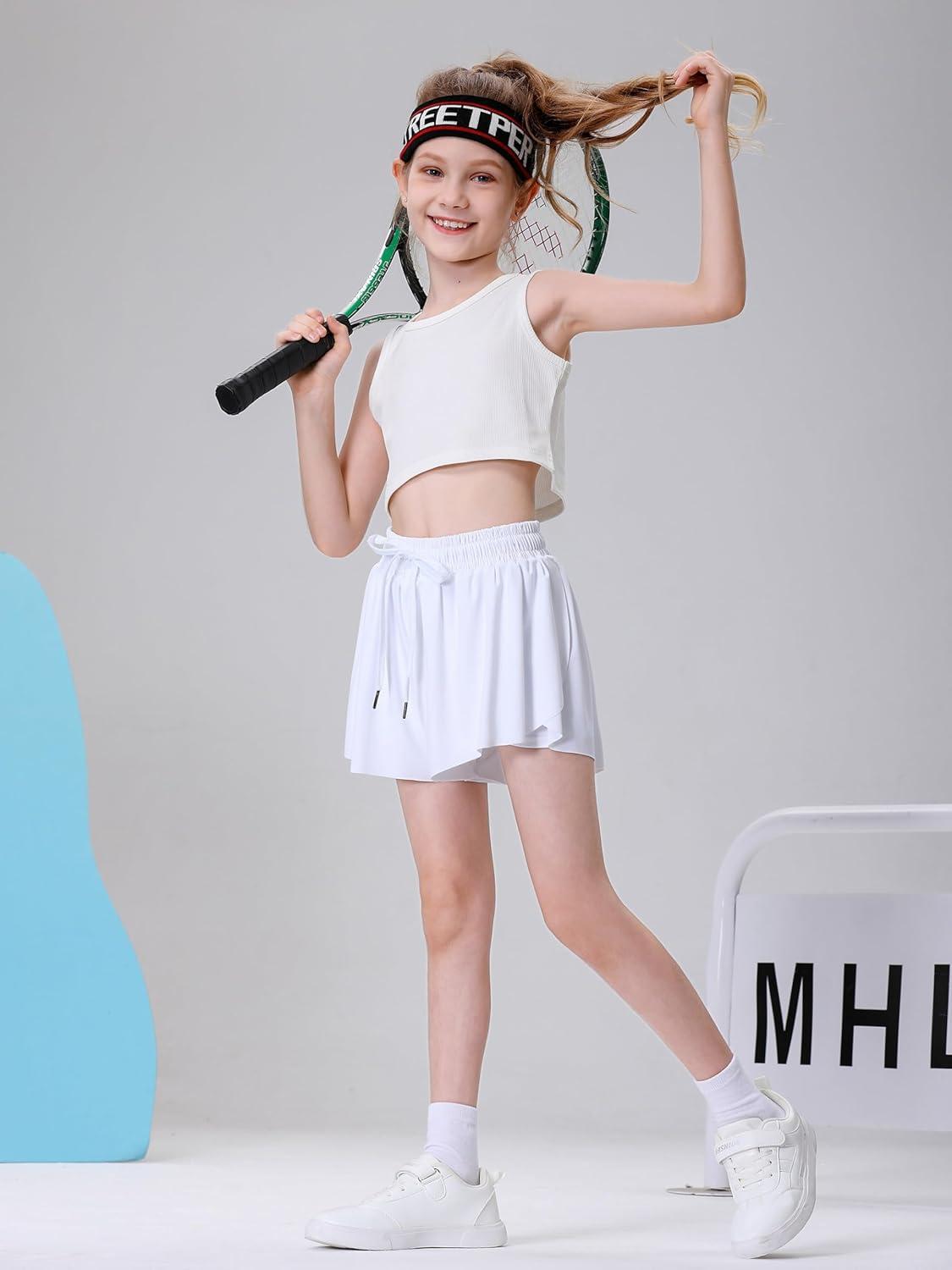 imageDIPUG Girls Butterfly Shorts with Pocket 2in1 Flowy Spandex Athletic Skorts for Running Dance Cheering Sports 516White