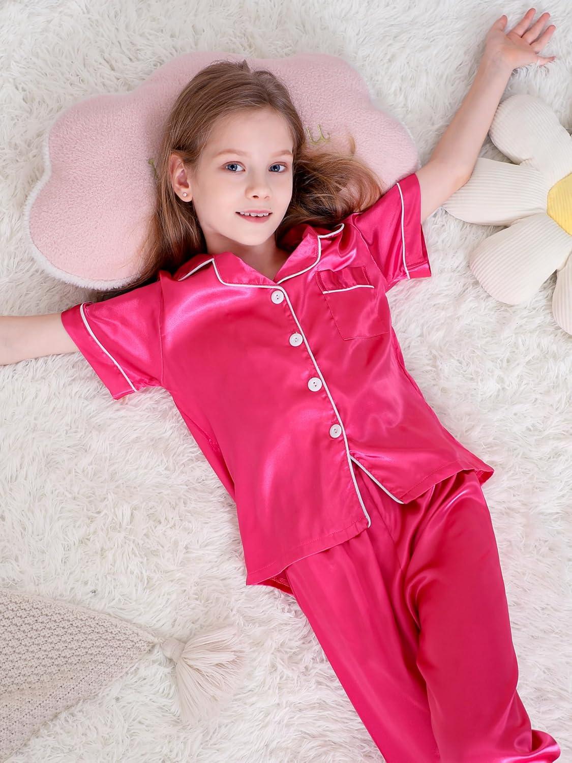 imageDIPUG Girls Pajamas Set Soft Silk Satin 3 Piece PJs Sleepwear for Comfortable NightsHot Pink