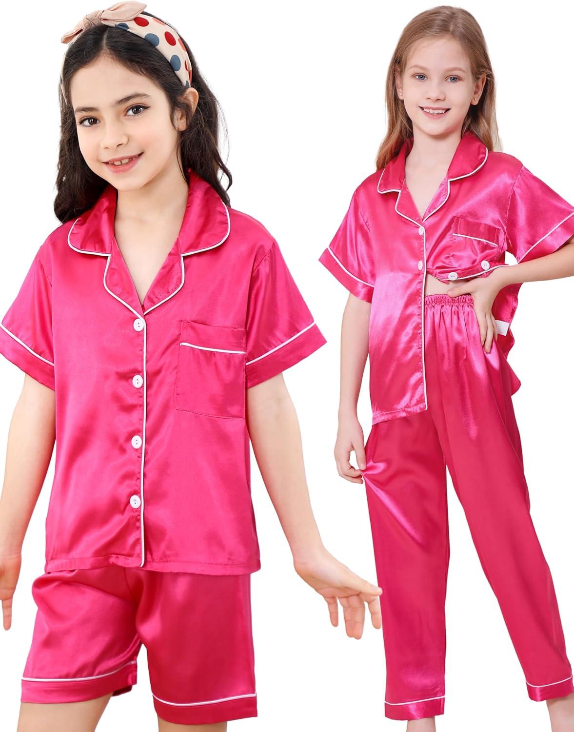 imageDIPUG Girls Pajamas Set Soft Silk Satin 3 Piece PJs Sleepwear for Comfortable NightsHot Pink
