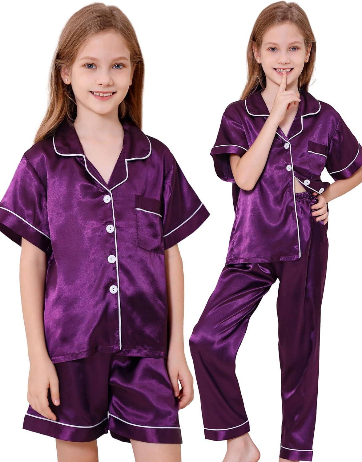 imageDIPUG Girls Pajamas Set Soft Silk Satin 3 Piece PJs Sleepwear for Comfortable NightsMid Purples