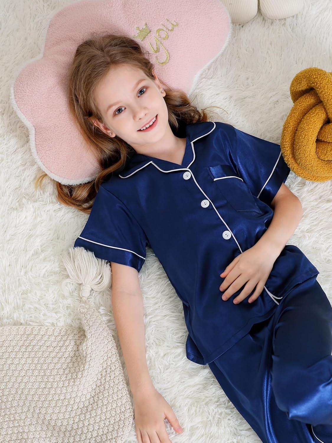 imageDIPUG Girls Pajamas Set Soft Silk Satin 3 Piece PJs Sleepwear for Comfortable NightsNavy