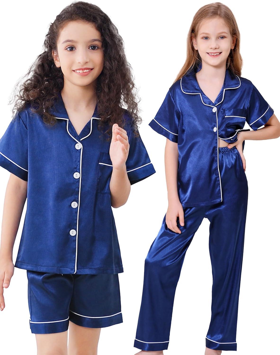 imageDIPUG Girls Pajamas Set Soft Silk Satin 3 Piece PJs Sleepwear for Comfortable NightsNavy
