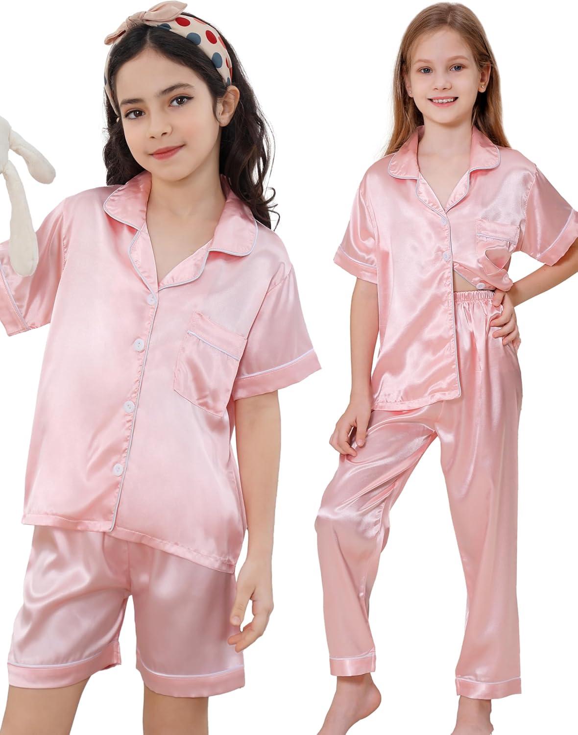 imageDIPUG Girls Pajamas Set Soft Silk Satin 3 Piece PJs Sleepwear for Comfortable NightsPink