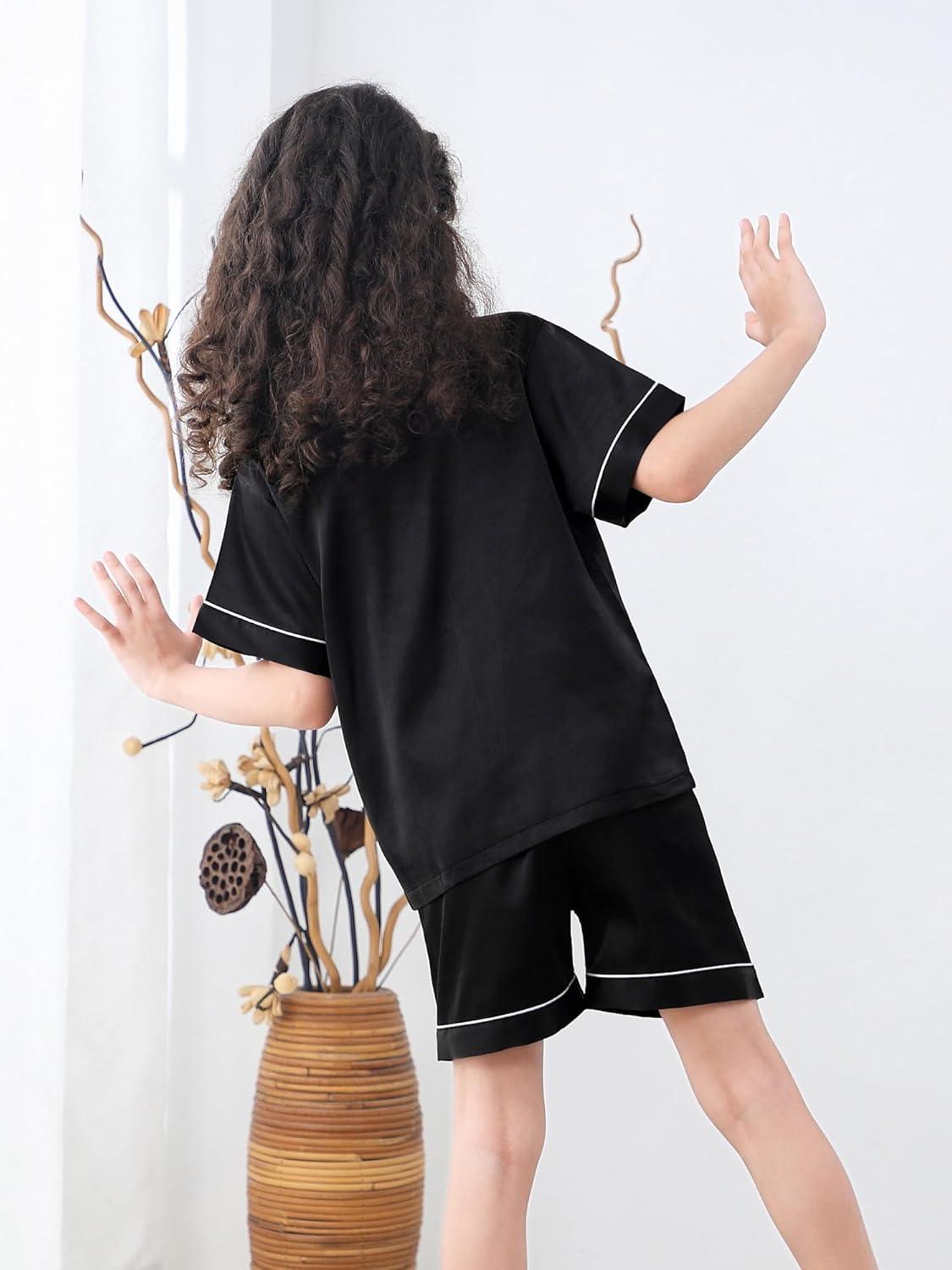 imageDIPUG Girls Pajamas Silk Pajama Set Satin Pjs for Kids Comfortable Nights SleepwearBlack