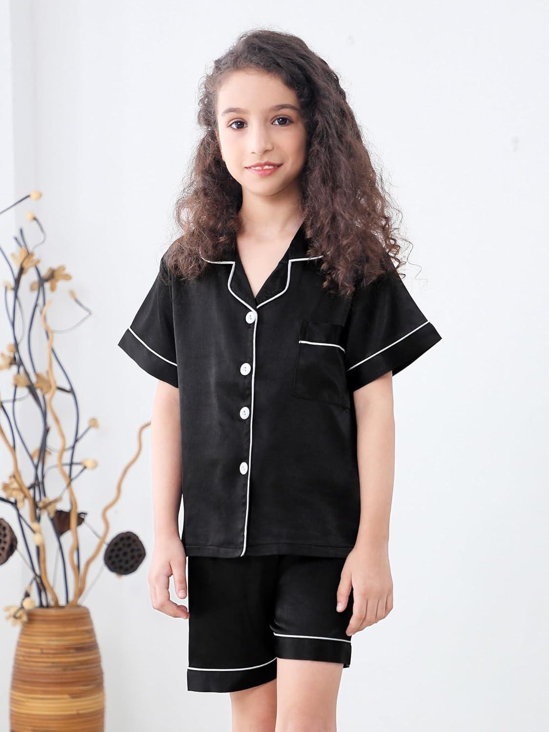 imageDIPUG Girls Pajamas Silk Pajama Set Satin Pjs for Kids Comfortable Nights SleepwearBlack