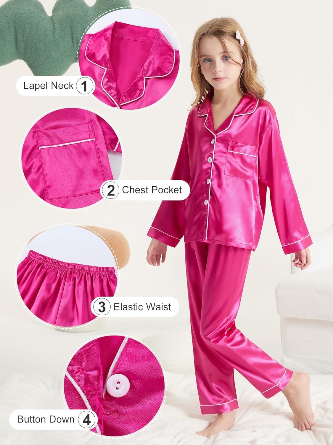 imageDIPUG Girls Pajamas Silk Pajama Set Satin Pjs for Kids Comfortable Nights SleepwearHot Pink