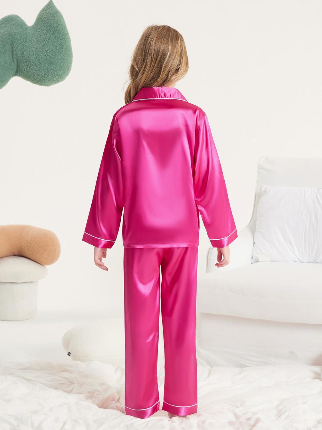 imageDIPUG Girls Pajamas Silk Pajama Set Satin Pjs for Kids Comfortable Nights SleepwearHot Pink