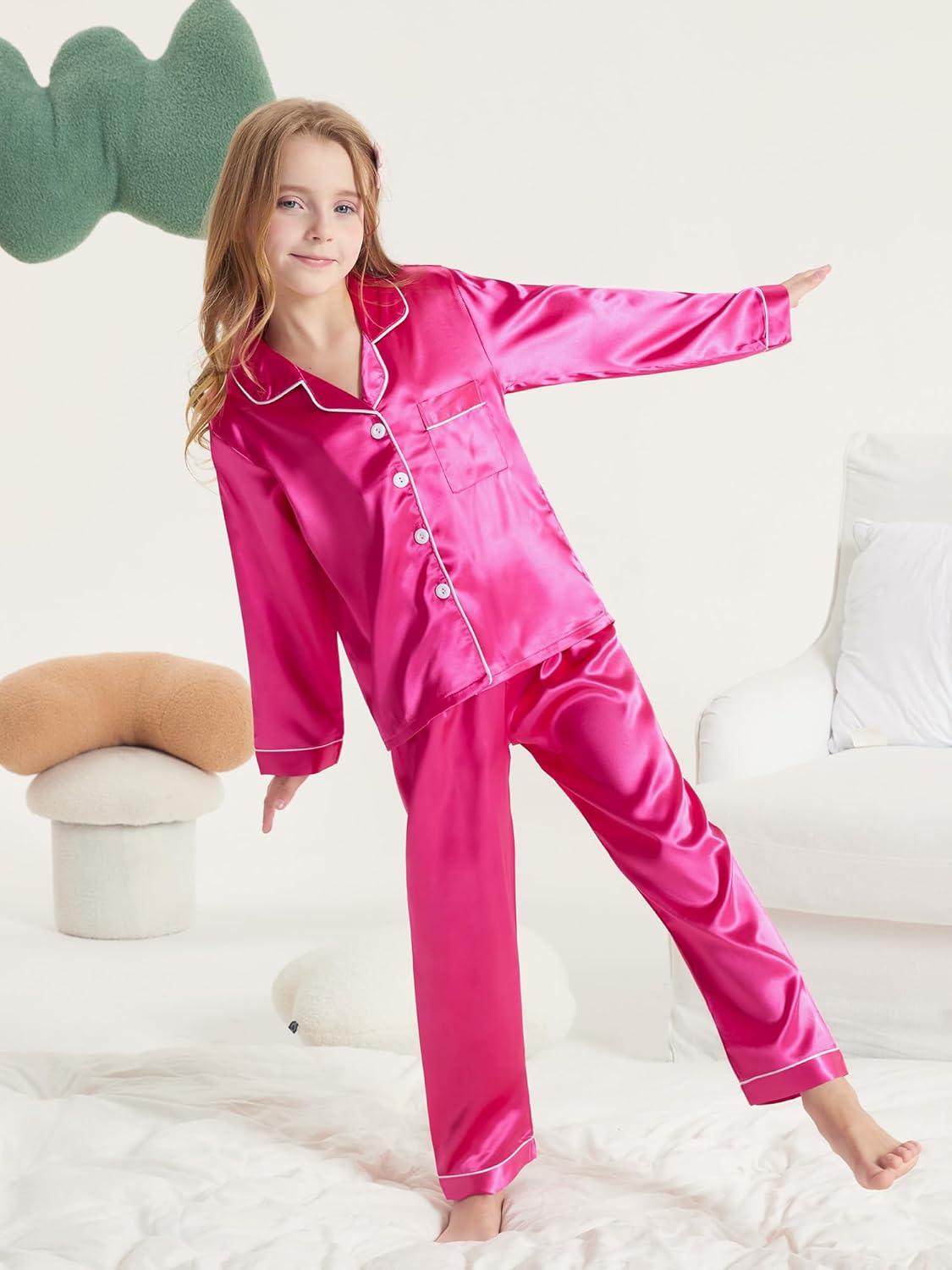 imageDIPUG Girls Pajamas Silk Pajama Set Satin Pjs for Kids Comfortable Nights SleepwearHot Pink