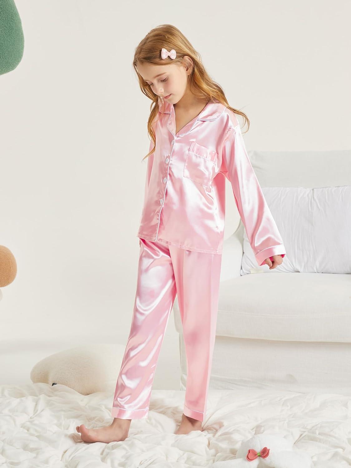 imageDIPUG Girls Pajamas Silk Pajama Set Satin Pjs for Kids Comfortable Nights SleepwearPink
