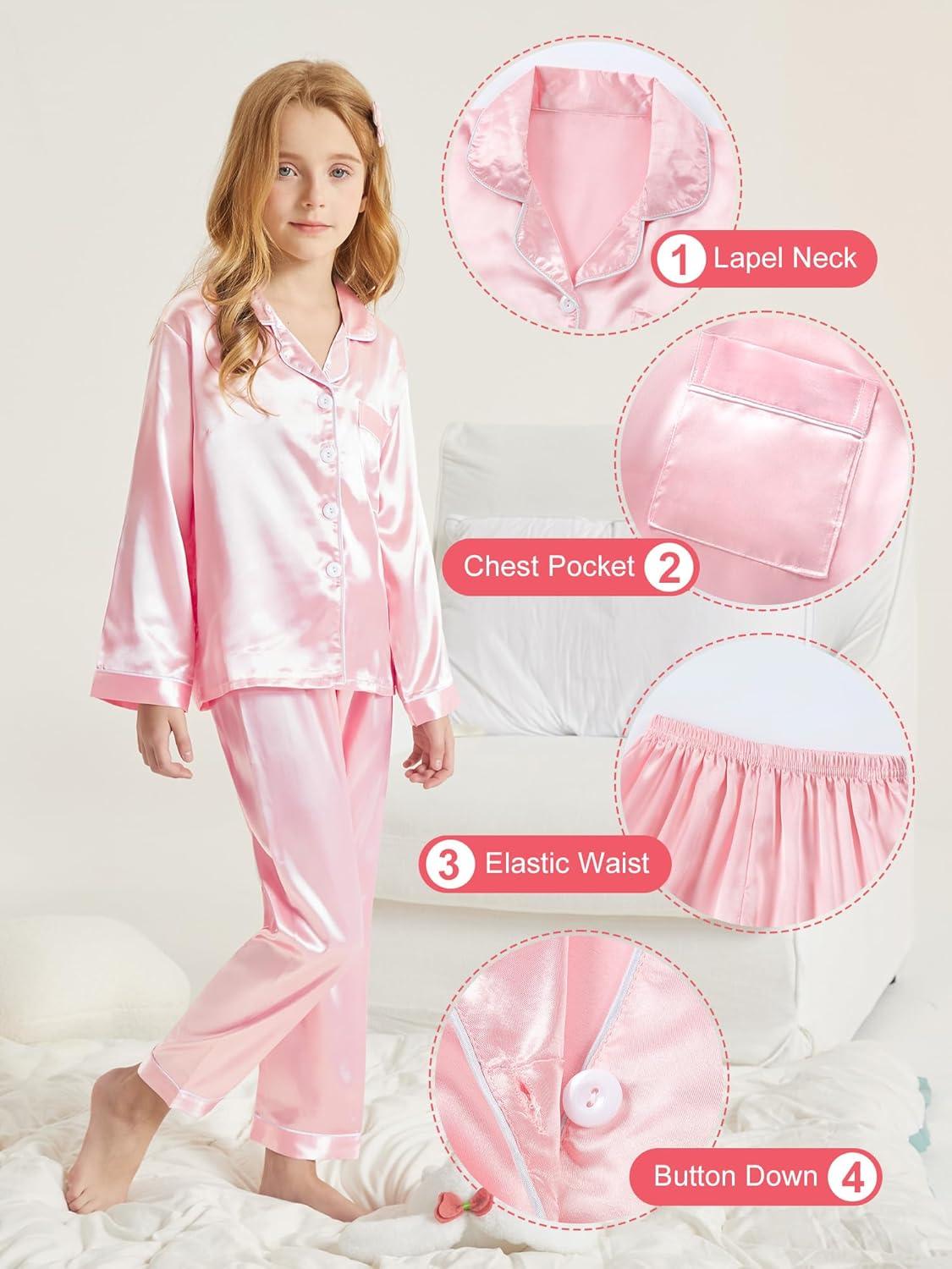 imageDIPUG Girls Pajamas Silk Pajama Set Satin Pjs for Kids Comfortable Nights SleepwearPink