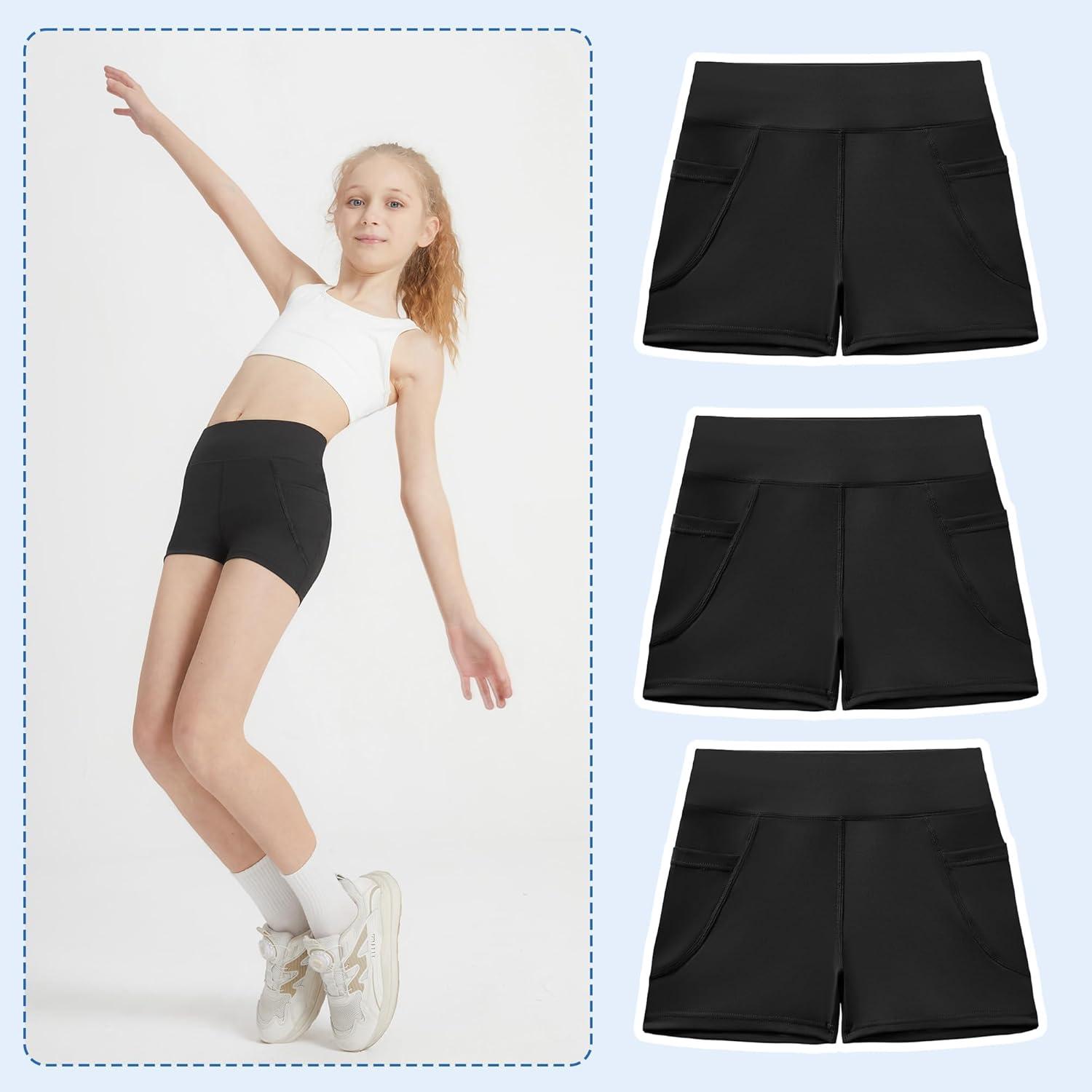imageDIPUG Girls Volleyball Shorts 3 Pack with Pockets Kids High Waist Biker Shorts for Dance Yoga Cheer GymnasticsBlackblackblack