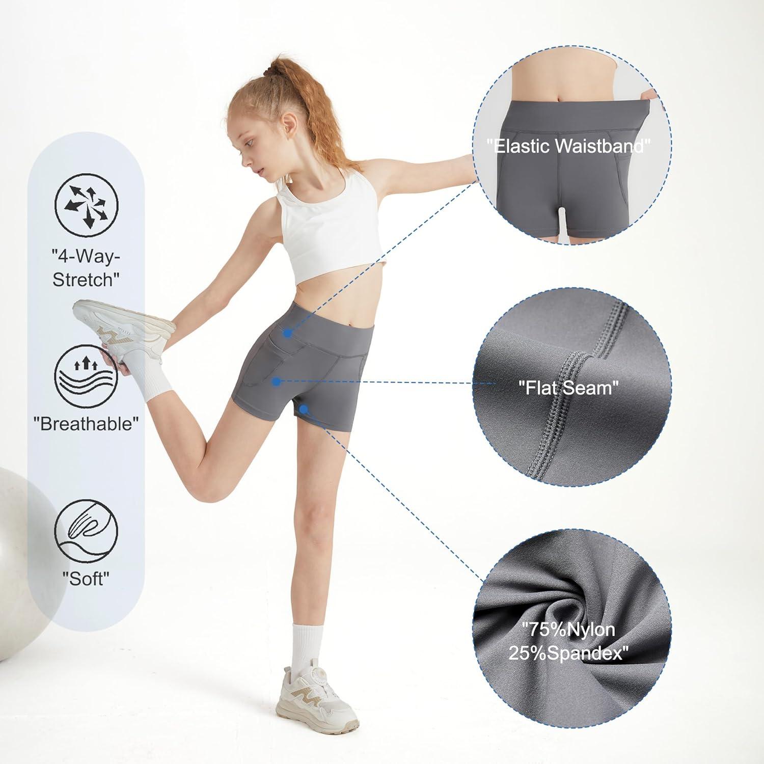 imageDIPUG Girls Volleyball Shorts 3 Pack with Pockets Kids High Waist Biker Shorts for Dance Yoga Cheer GymnasticsBlacknavygrey