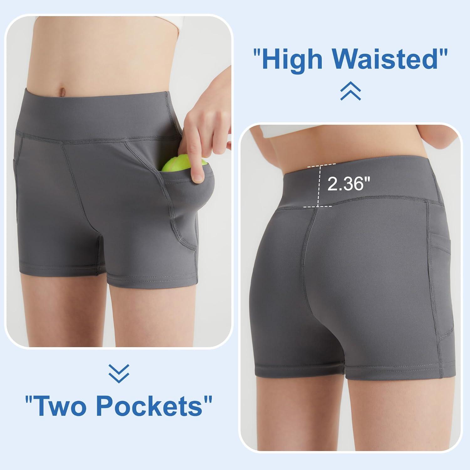 imageDIPUG Girls Volleyball Shorts 3 Pack with Pockets Kids High Waist Biker Shorts for Dance Yoga Cheer GymnasticsBlacknavygrey