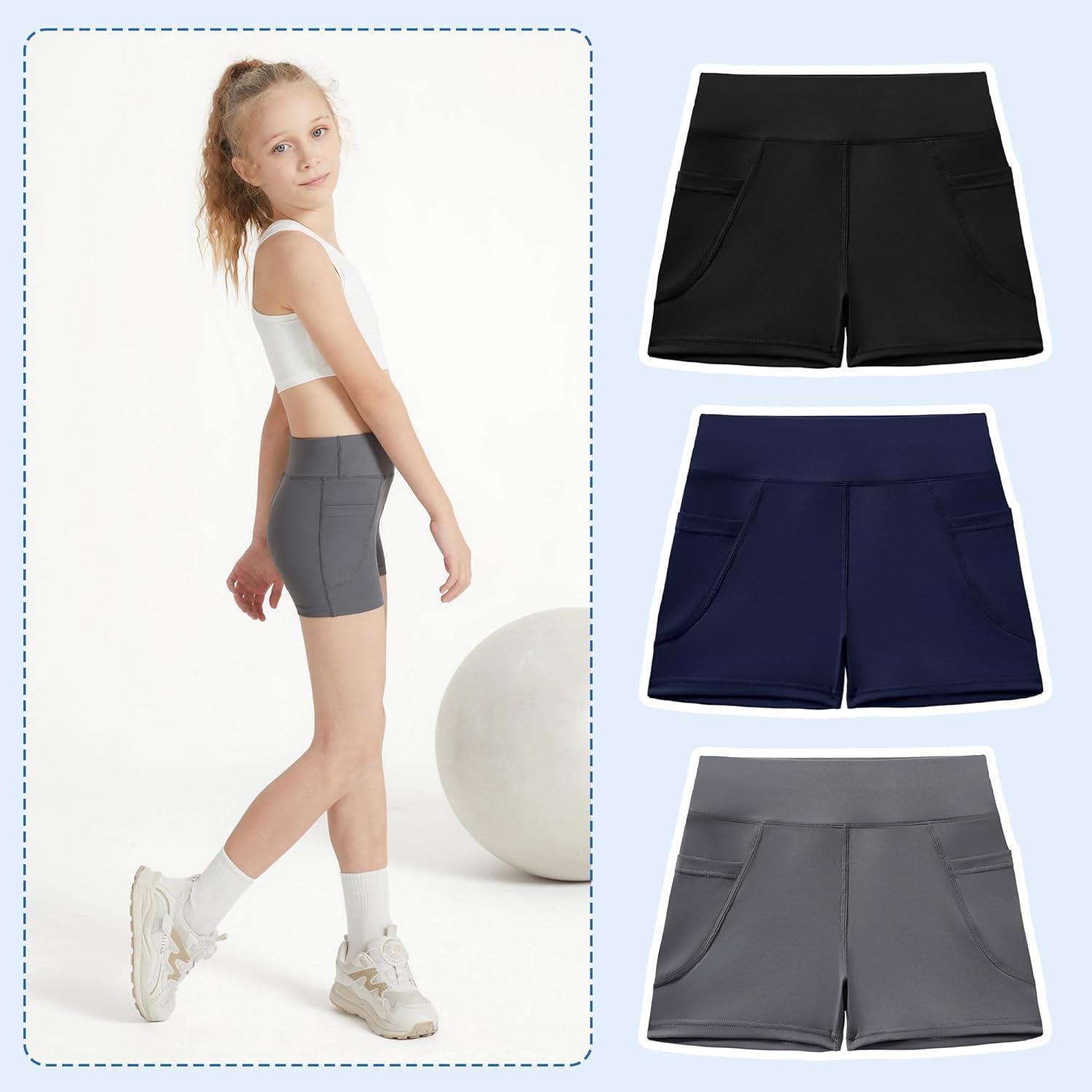 imageDIPUG Girls Volleyball Shorts 3 Pack with Pockets Kids High Waist Biker Shorts for Dance Yoga Cheer GymnasticsBlacknavygrey