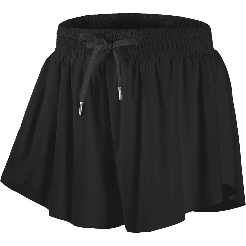 imageDIPUG Girls Butterfly Shorts with Pocket 2in1 Flowy Spandex Athletic Skorts for Running Dance Cheering Sports 516Black