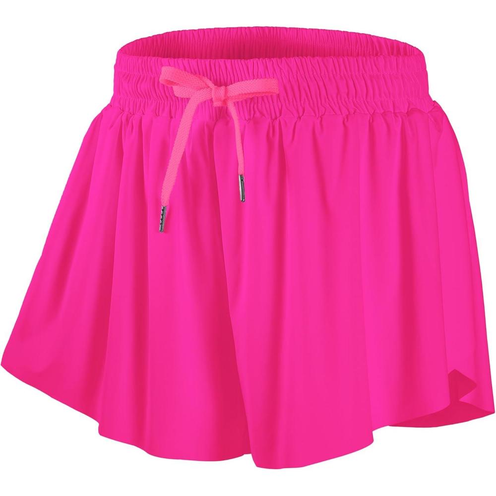 imageDIPUG Girls Butterfly Shorts with Pocket 2in1 Flowy Spandex Athletic Skorts for Running Dance Cheering Sports 516Hot Pink