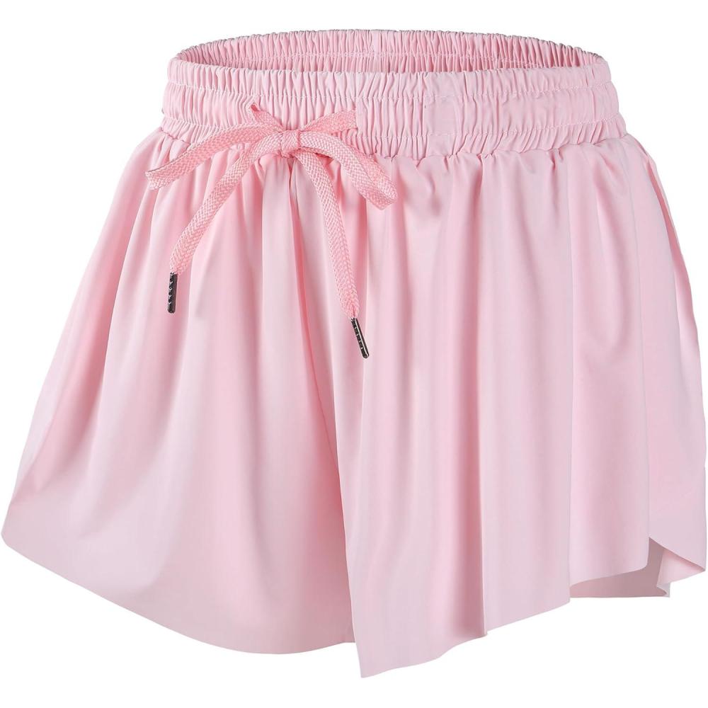 imageDIPUG Girls Butterfly Shorts with Pocket 2in1 Flowy Spandex Athletic Skorts for Running Dance Cheering Sports 516Pink