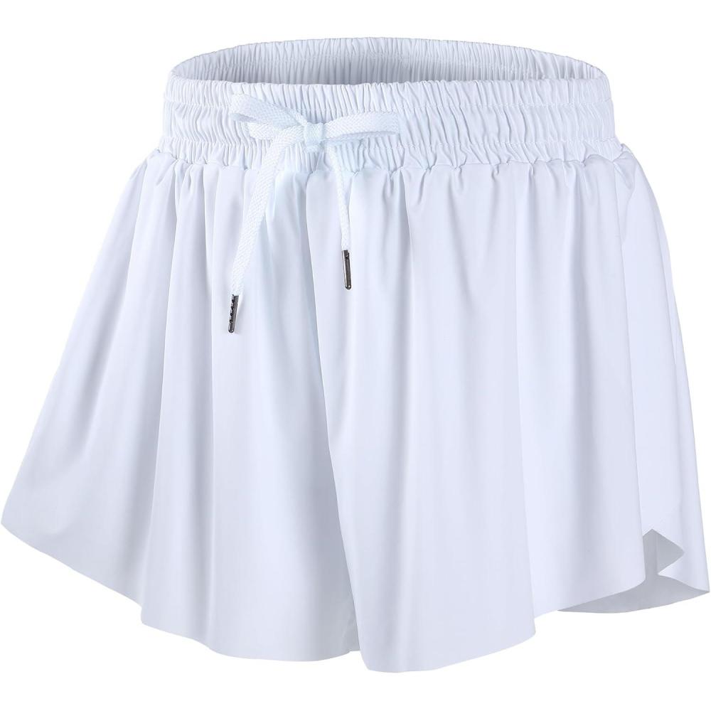imageDIPUG Girls Butterfly Shorts with Pocket 2in1 Flowy Spandex Athletic Skorts for Running Dance Cheering Sports 516White