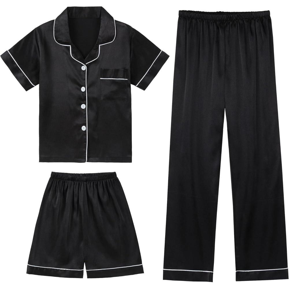 imageDIPUG Girls Pajamas Set Soft Silk Satin 3 Piece PJs Sleepwear for Comfortable NightsBlack