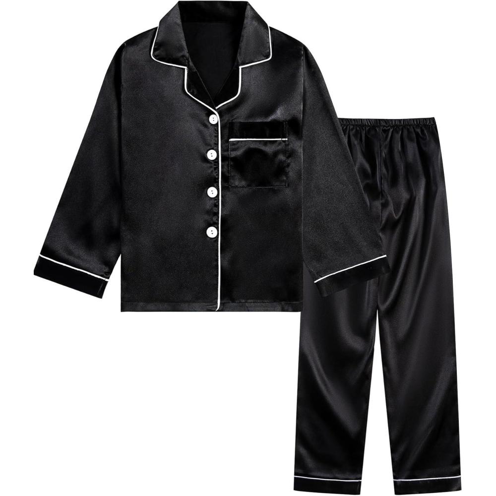 imageDIPUG Girls Pajamas Silk Pajama Set Satin Pjs for Kids Comfortable Nights SleepwearBlack