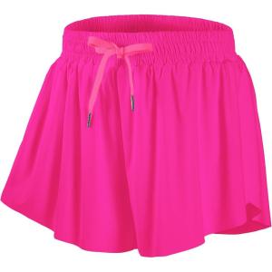 imageDIPUG Girls Butterfly Shorts with Pocket 2in1 Flowy Spandex Athletic Skorts for Running Dance Cheering Sports 516Hot Pink