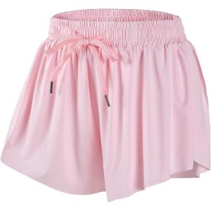 imageDIPUG Girls Butterfly Shorts with Pocket 2in1 Flowy Spandex Athletic Skorts for Running Dance Cheering Sports 516Pink