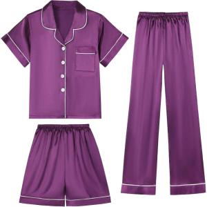 imageDIPUG Girls Pajamas Set Soft Silk Satin 3 Piece PJs Sleepwear for Comfortable NightsMid Purples