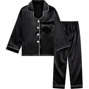 imageDIPUG Girls Pajamas Silk Pajama Set Satin Pjs for Kids Comfortable Nights SleepwearBlack