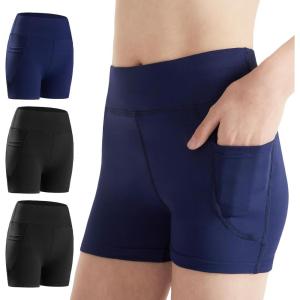 imageDIPUG Girls Volleyball Shorts 3 Pack with Pockets Kids High Waist Biker Shorts for Dance Yoga Cheer GymnasticsBlackblacknavy