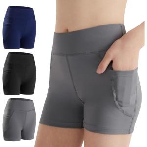 imageDIPUG Girls Volleyball Shorts 3 Pack with Pockets Kids High Waist Biker Shorts for Dance Yoga Cheer GymnasticsBlacknavygrey